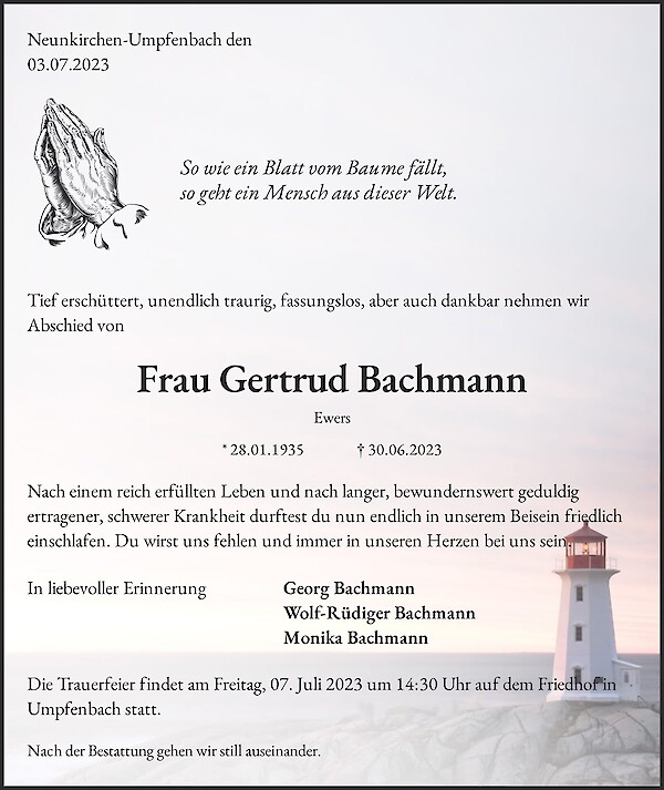 Traueranzeige von Frau Gertrud Bachmann, Neunkirchen-Umpfenbach