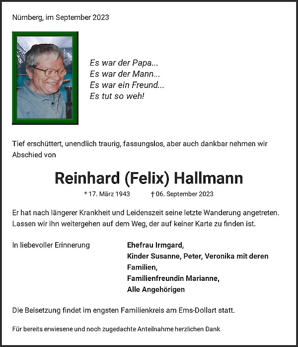 Traueranzeige von Reinhard (Felix) Hallmann, N&uuml;rnberg