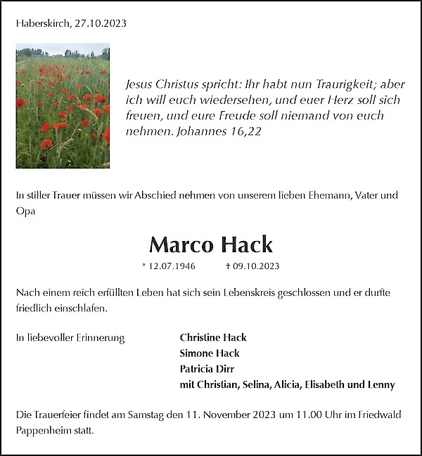 Traueranzeige von Marco Hack