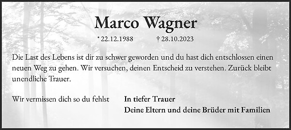 Traueranzeige von Marco Wagner, Chemnitz