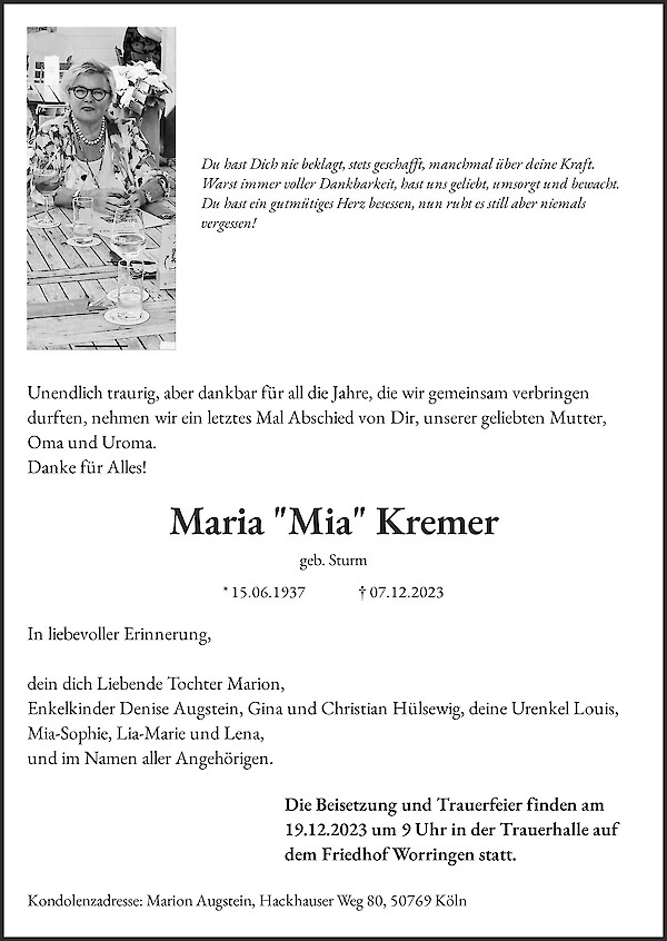 Traueranzeige von Maria "Mia" Kremer, K&ouml;ln Worringen