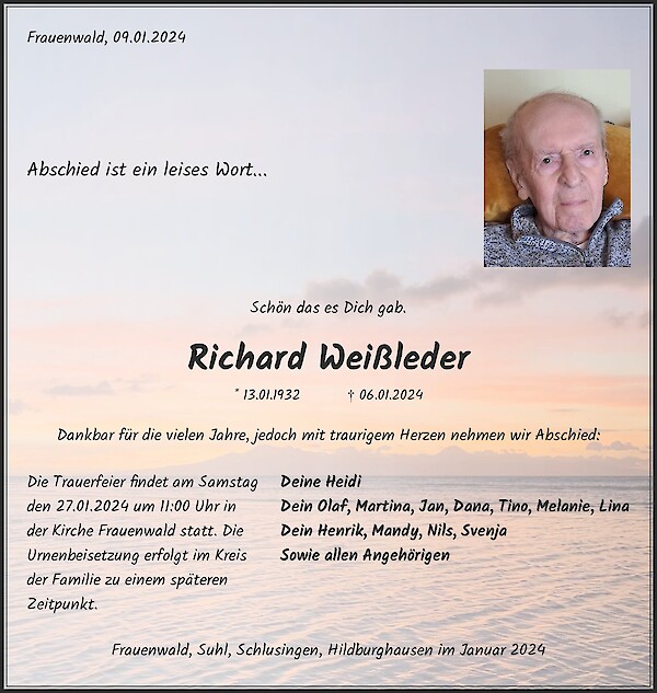 Traueranzeige von Richard Wei&szlig;leder, Ilmenau, OT Frauenwald