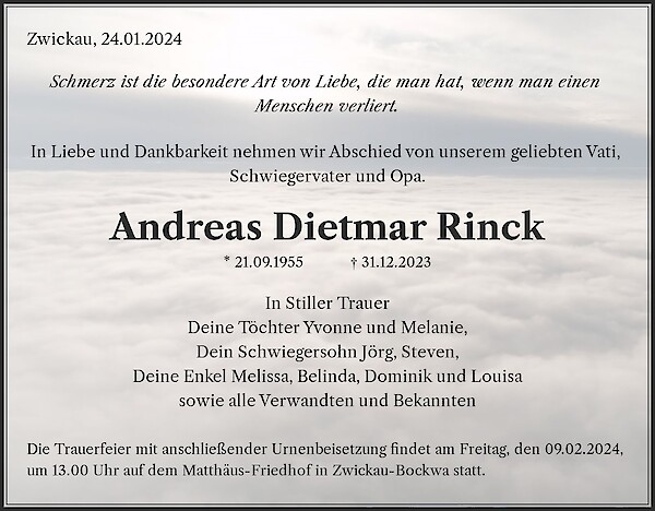 Traueranzeige von Andreas Dietmar Rinck, Zwickau