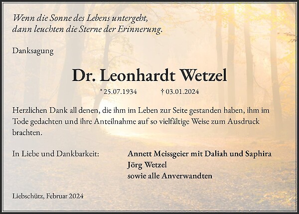 Danksagung von Dr. Leonhardt Wetzel, Remptendorf