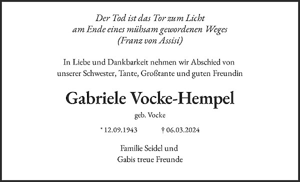 Traueranzeige von Gabriele Vocke-Hempel, Burscheid
