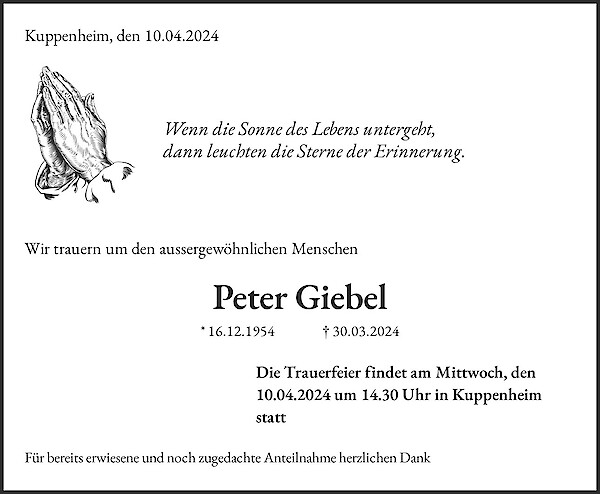Traueranzeige von Peter Giebel, Kuppenheim