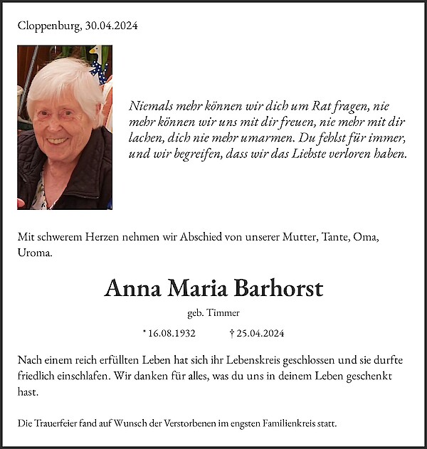 Traueranzeige von Anna Maria Barhorst, Cloppenburg