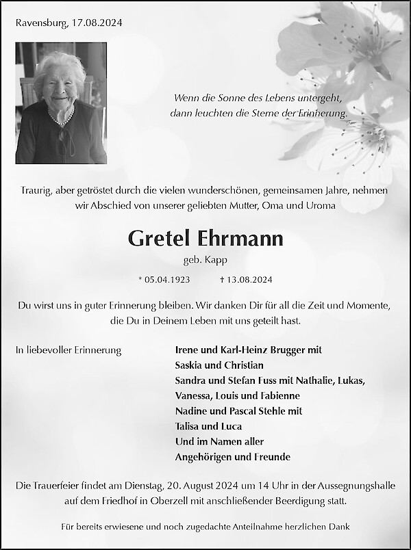 Traueranzeige von Gretel Ehrmann