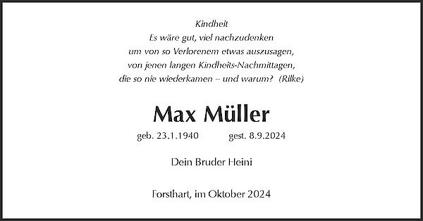 Traueranzeige von Max M&uuml;ller