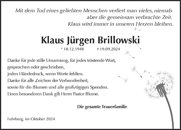 Danksagung von Klaus J&uuml;rgen Brillowski, Burgwedel