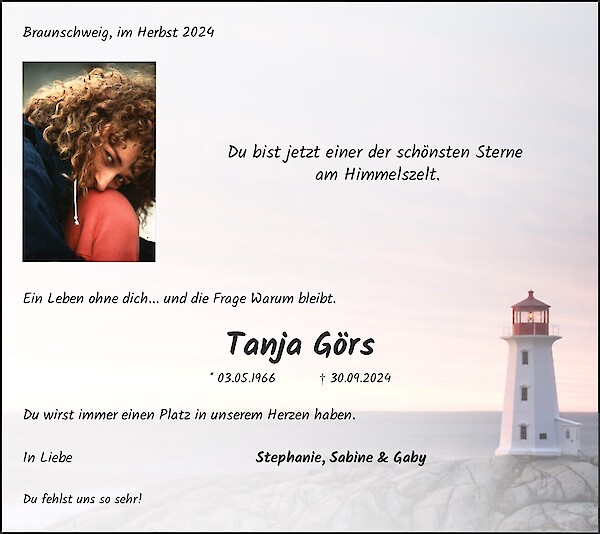 Traueranzeige von Tanja G&ouml;rs