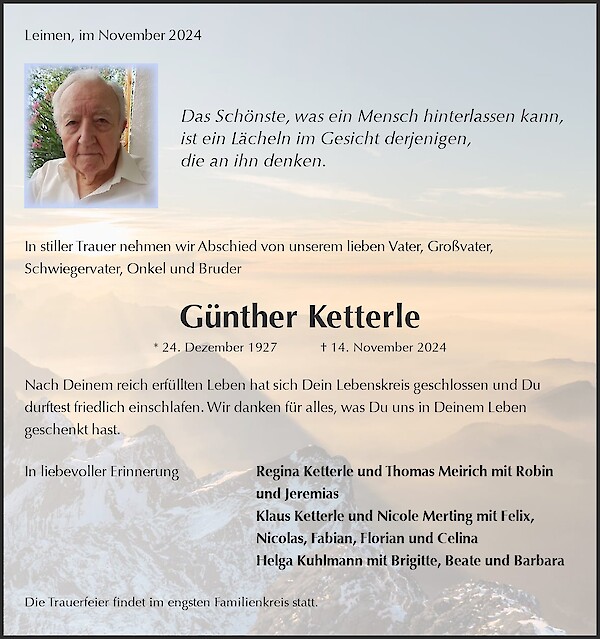 Traueranzeige von G&uuml;nther Ketterle, Leimen