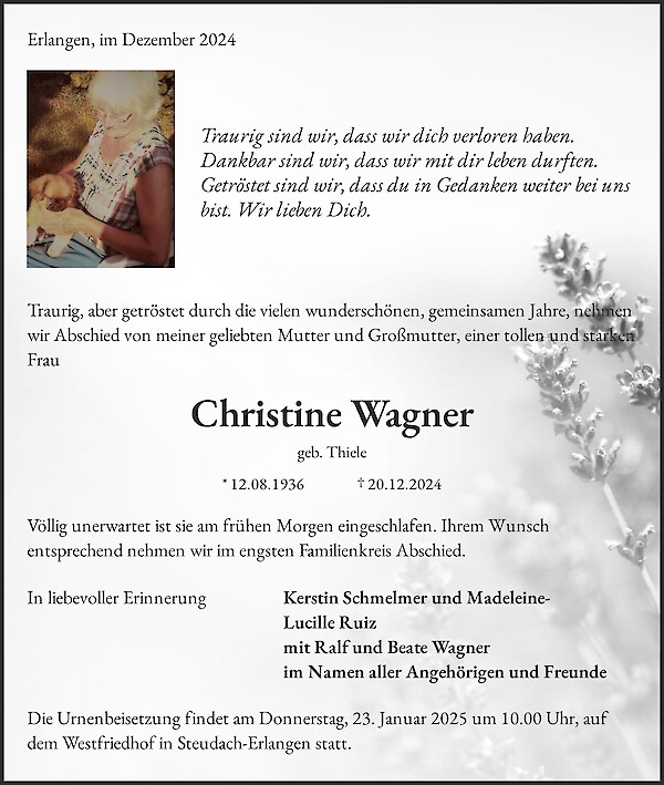 Traueranzeige von Christine Wagner, Erlangen