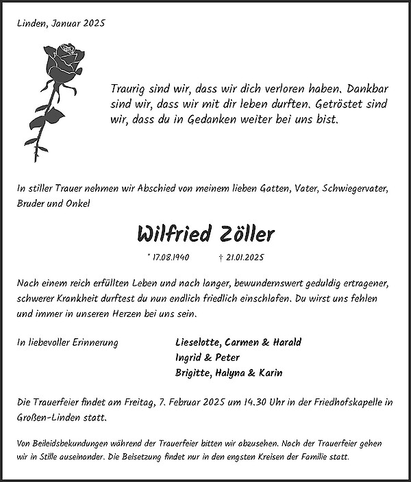 Traueranzeige von Wilfried Z&ouml;ller, Linden