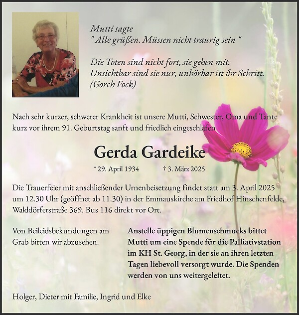 Traueranzeige von Gerda Gardeike