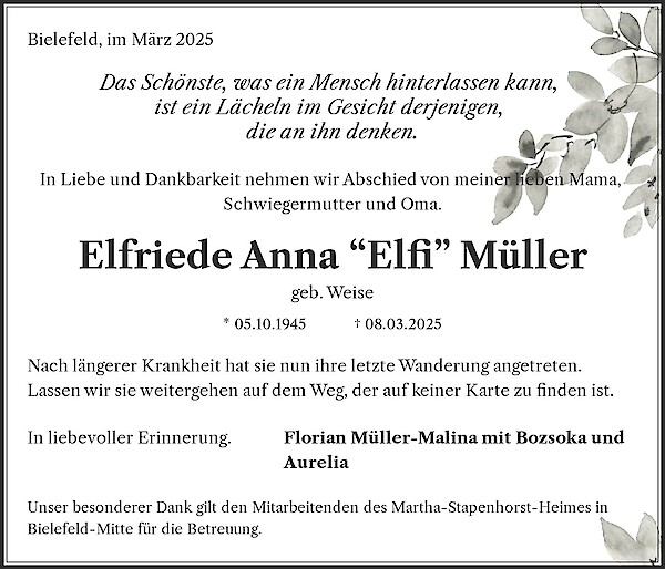 Traueranzeige von Elfriede Anna &ldquo;Elfi&rdquo; M&uuml;ller