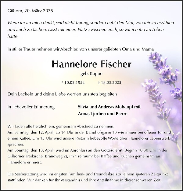 Traueranzeige von Hannelore Fischer, Gifhorn
