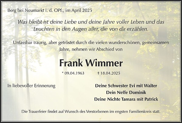 Traueranzeige von Frank Wimmer, Berg bei Neumarkt i. d. OPf.