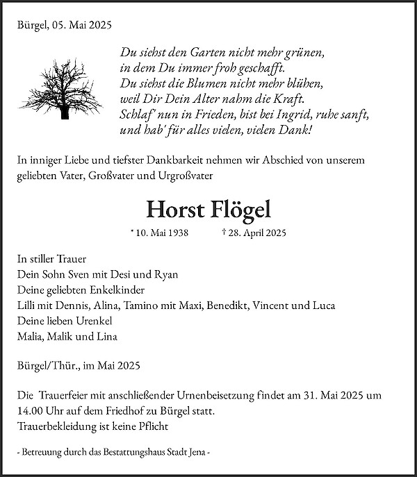 Traueranzeige von Horst Fl&ouml;gel, B&uuml;rgel