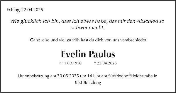 Traueranzeige von Evelin Paulus, Eching