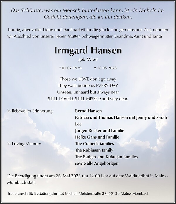 Traueranzeige von Irmgard Hansen