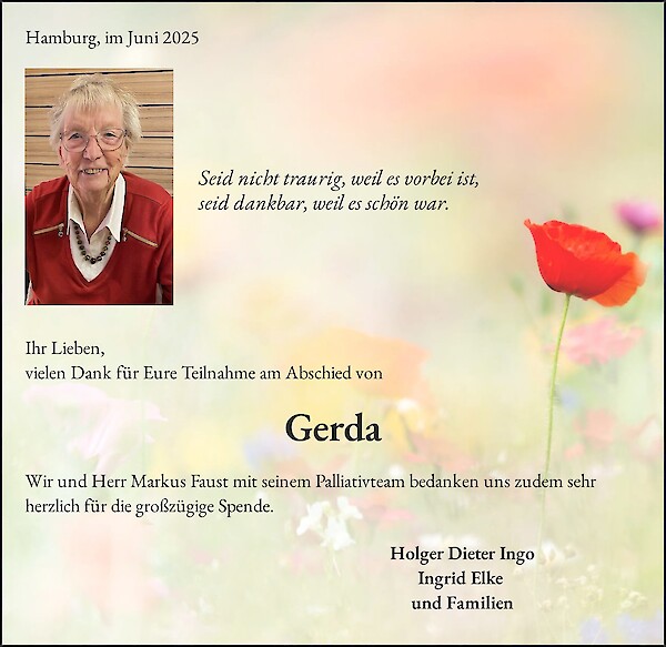 Danksagung von Gerda Gardeike, Hamburg