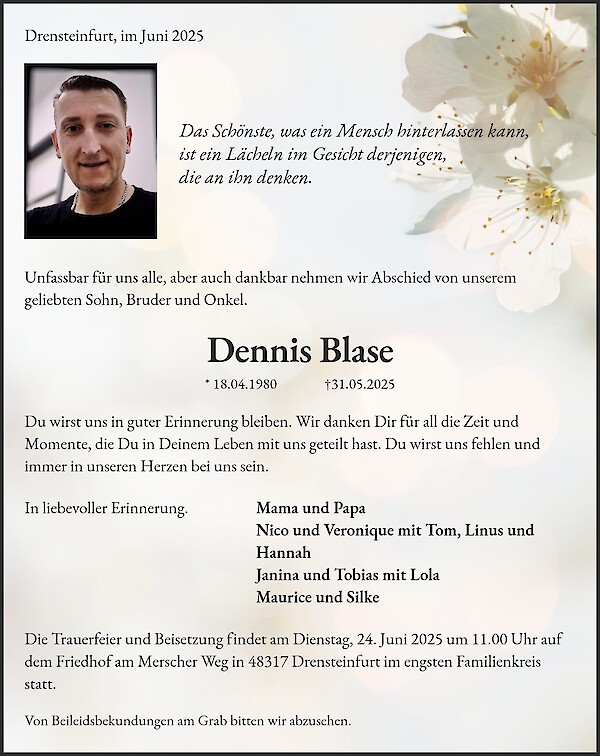 Traueranzeige von Dennis Blase