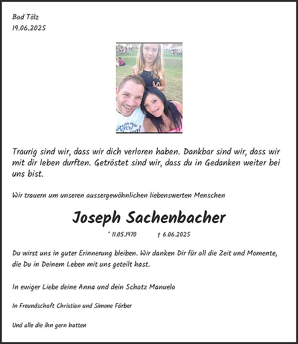 Traueranzeige von Joseph Sachenbacher, Bad T&ouml;lz