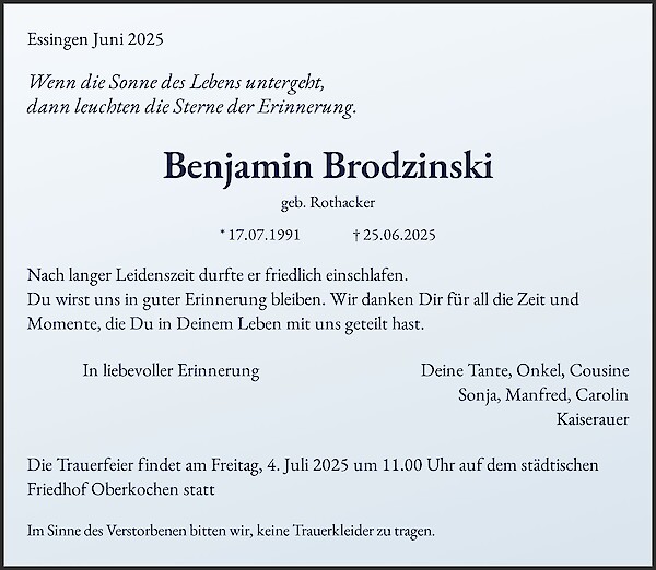 Traueranzeige von Benjamin Brodzinski, Oberkochen
