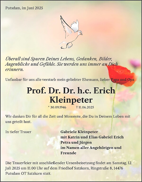 Traueranzeige von Prof. Dr. Dr. h.c. Erich Kleinpeter, Potsdam
