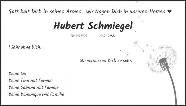 Jahresgedenken von Hubert Schmiegel, Weiden