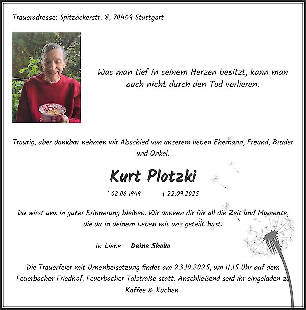 Traueranzeige von Kurt Plotzki, Stuttgart