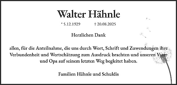 Danksagung von Walter H&auml;hnle
