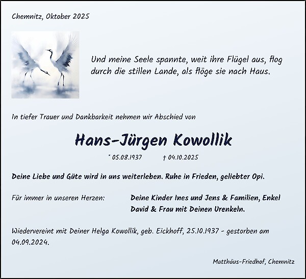 Traueranzeige von Hans-Jürgen Kowollik, Chemnitz