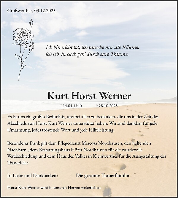 Danksagung von Kurt Horst Werner, Gro&szlig;werther