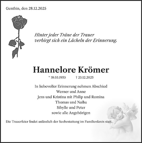 Traueranzeige von Hannelore Kr&ouml;mer
