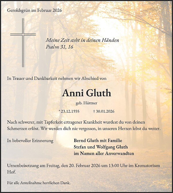 Traueranzeige von Anni Gluth