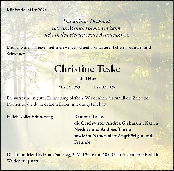 Traueranzeige von Christine Teske