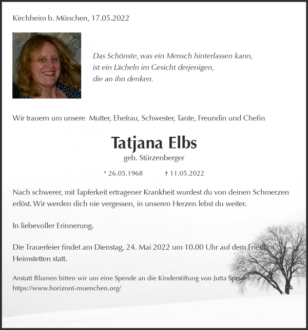 Traueranzeige von Tatjana Elbs, Kirchheim b. M&uuml;nchen
