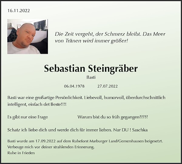 Traueranzeige von Sebastian Steingr&auml;ber, Stadtallendorf