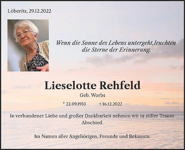 Traueranzeige von Lieselotte Rehfeld, Z&ouml;rbig OT L&ouml;beritz