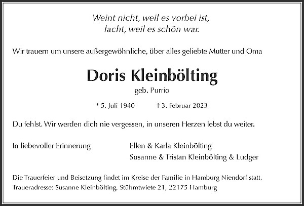 Traueranzeige von Doris Kleinb&ouml;lting, Hamburg