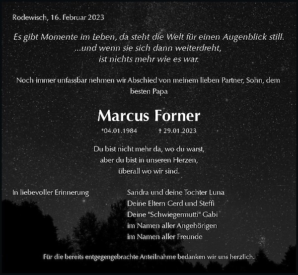 Traueranzeige von Marcus Forner, Rodewisch
