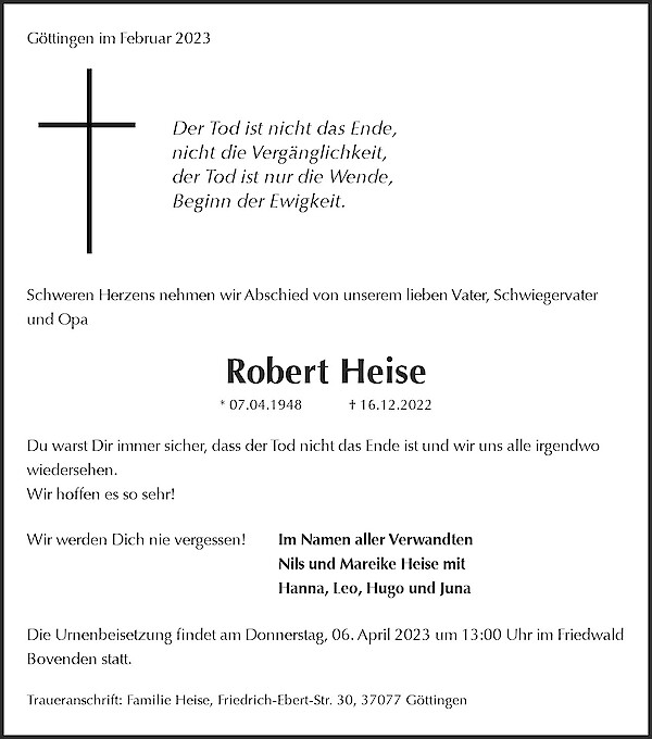 Traueranzeige von Robert Heise, G&ouml;ttingen