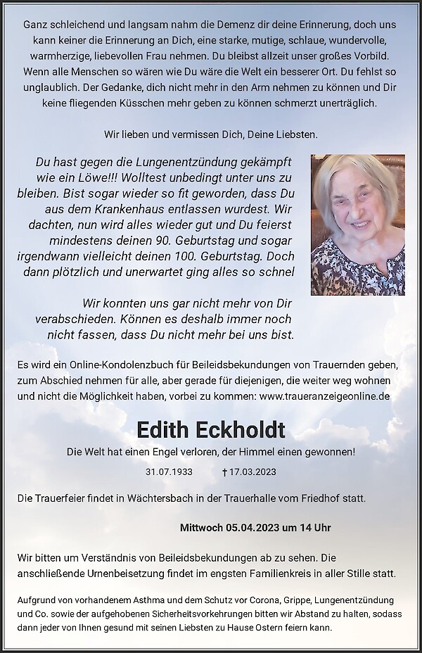 Traueranzeige von Edith Eckholdt, W&auml;chtersbach
